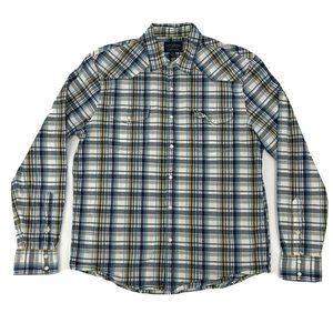 Mens Lucky Brand Saturday Stretch‎ Long Sleeve Pearl Snap Shirt Blue Plaid L